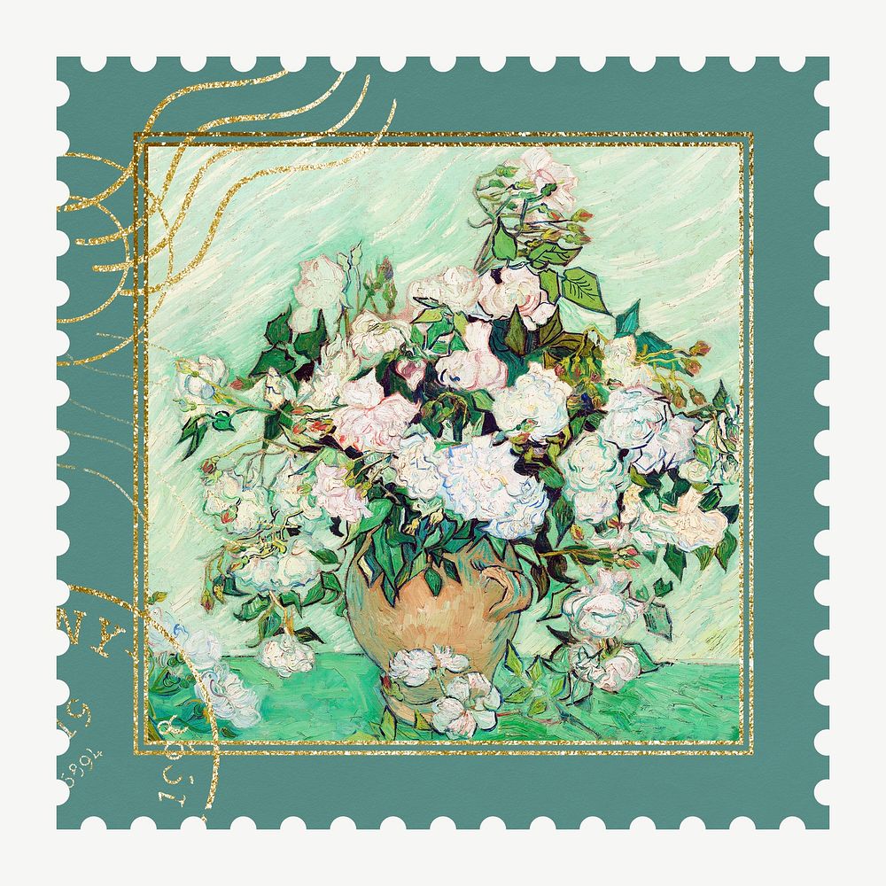 Van Gogh's postage stamp, Roses flower psd, remixed by rawpixel