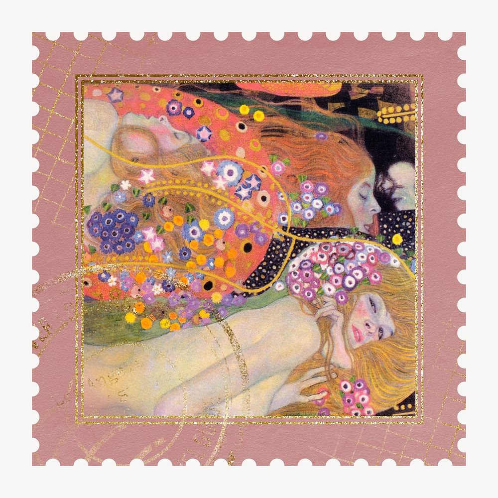 Gustav Klimt's postage stamp, Water Serpents II famous painting design, remixed by rawpixel