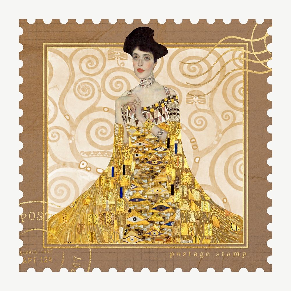 Gustav Klimt's famous painting postage stamp, Portrait of Adele Bloch-Bauer I psd, remixed by rawpixel