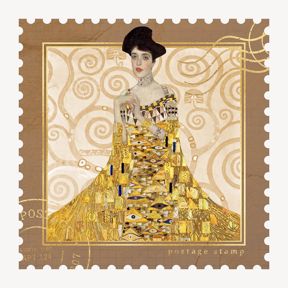 Gustav Klimt's famous painting postage stamp, Portrait of Adele Bloch-Bauer I design, remixed by rawpixel