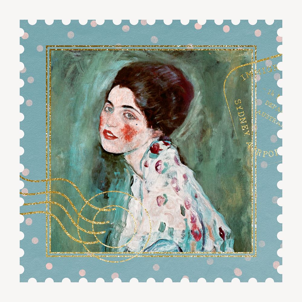 Gustav Klimt's Portr&auml;t einer Dame postage stamp, remixed by rawpixel