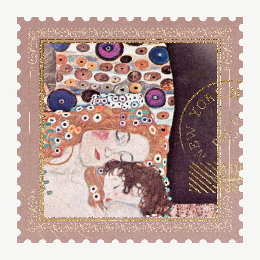 Famous painting postage stamp, Gustav Klimt's The Three Ages of Woman artwork psd, remixed by rawpixel