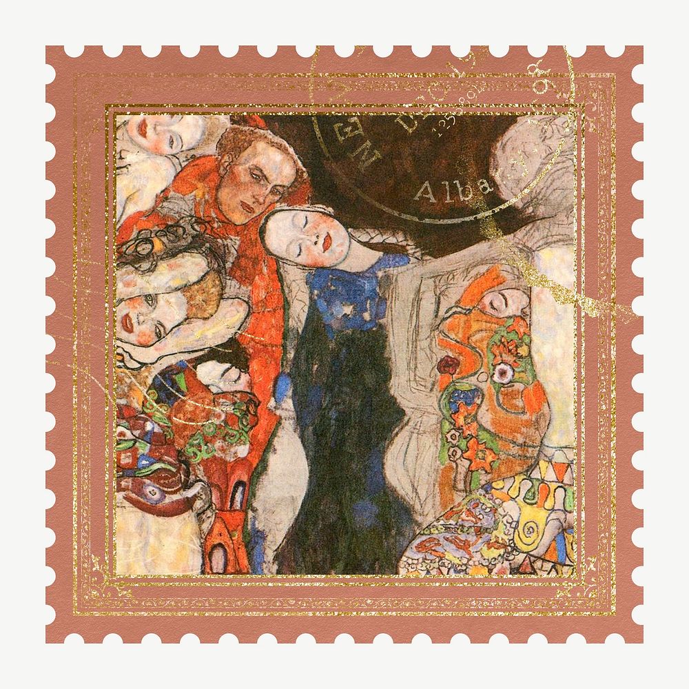 Famous painting postage stamp, Gustav Klimt's The Bride artwork psd, remixed by rawpixel