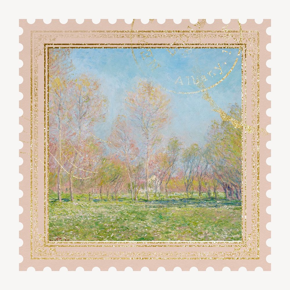 Spring in Giverny  artwork postage stamp. Claude Monet artwork, remixed by rawpixel.