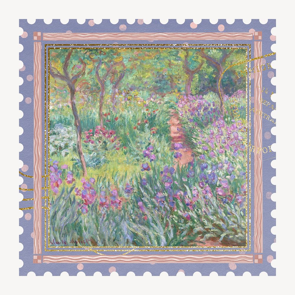 Giverny garden  artwork postage stamp. Claude Monet artwork, remixed by rawpixel.