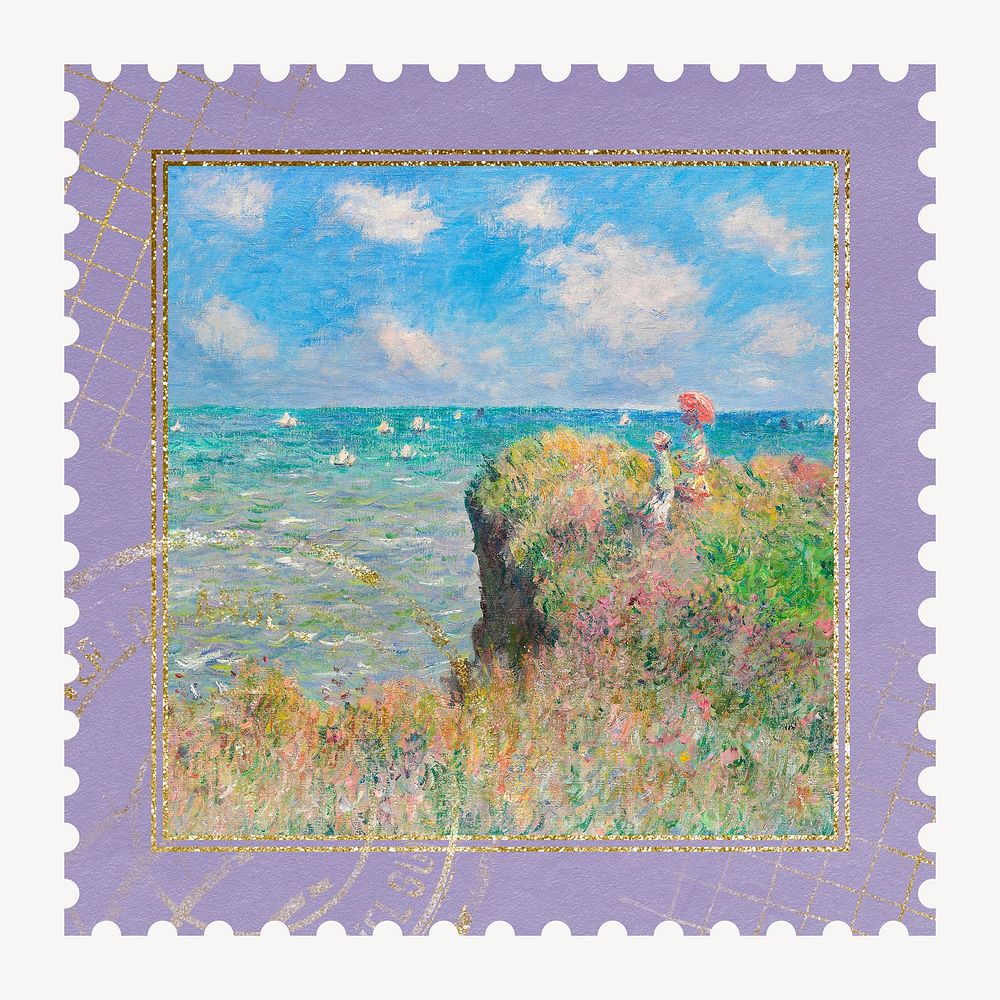 Pourville cliff walk  artwork postage stamp. Claude Monet artwork, remixed by rawpixel.