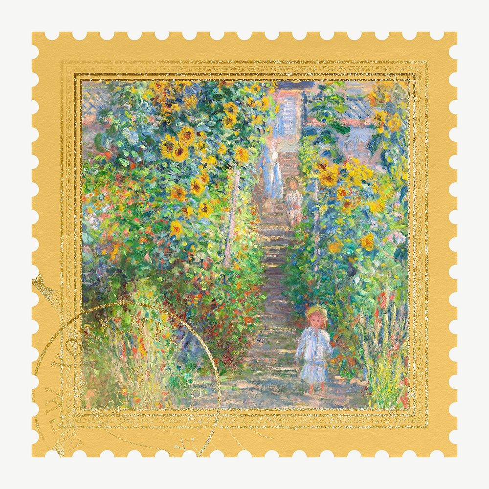 Monet's garden postage stamp element psd. Famous art remixed by rawpixel.