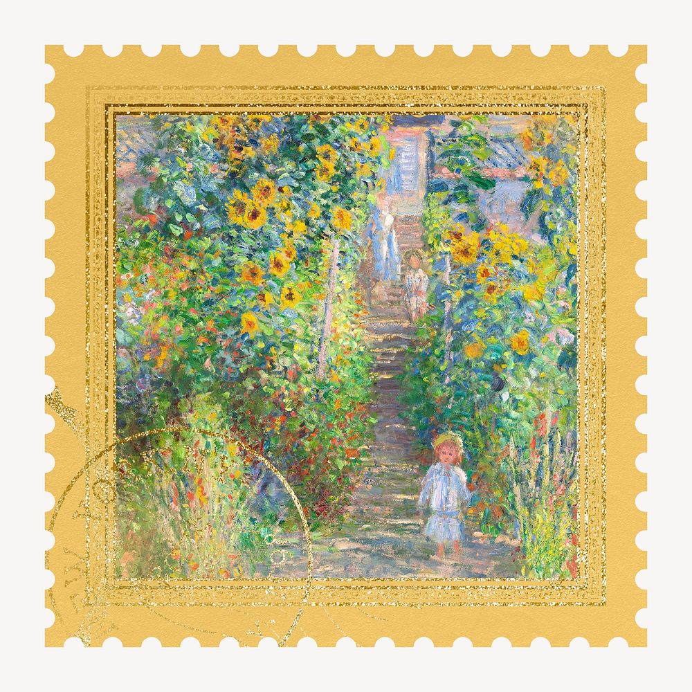 Monet's garden  artwork postage stamp. Famous art remixed by rawpixel.