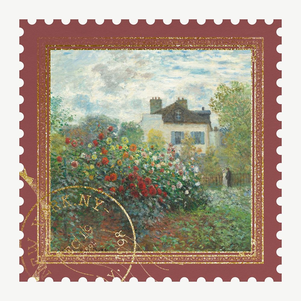Monet's garden postage stamp element psd. Famous art remixed by rawpixel.