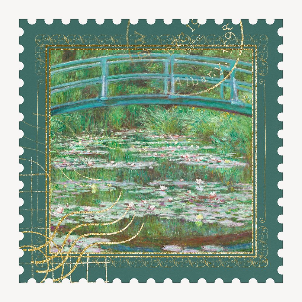 Monet's bridge  artwork postage stamp. Famous art remixed by rawpixel.