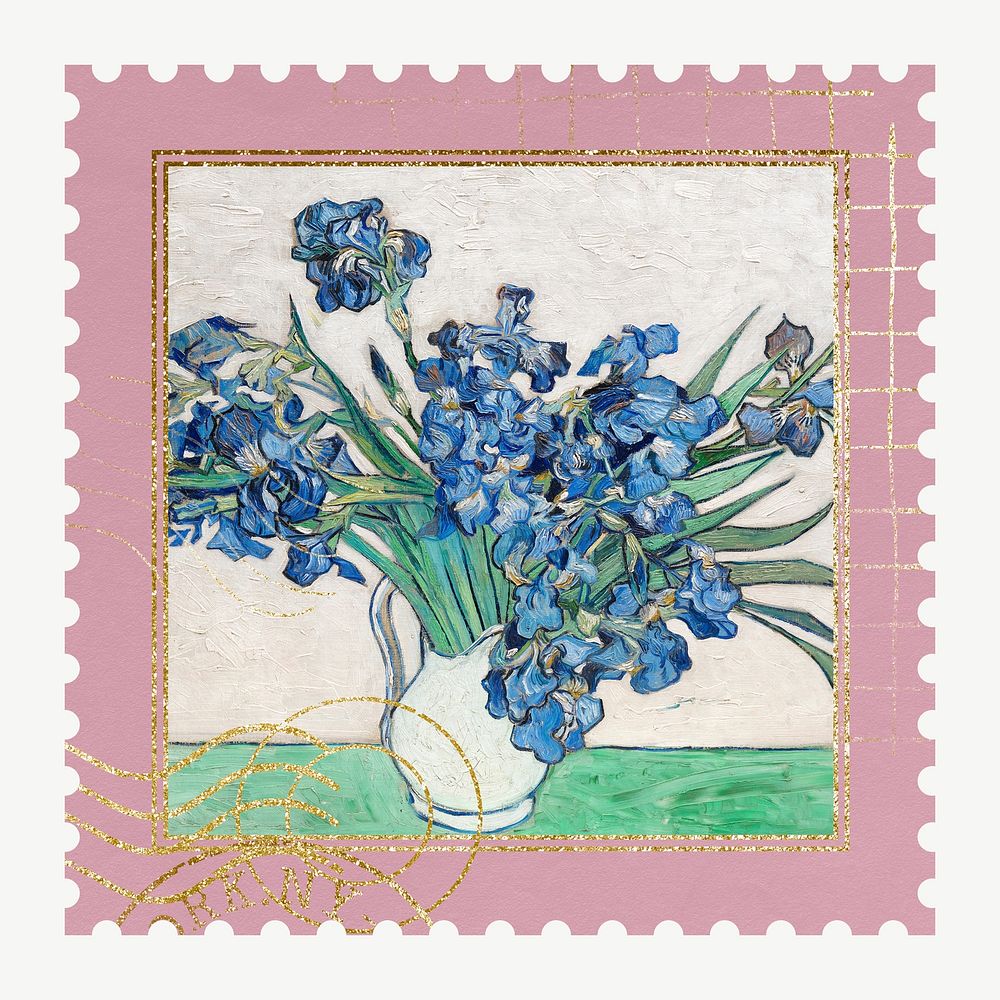 Van Gogh's postage stamp, Irises flower psd, remixed by rawpixel