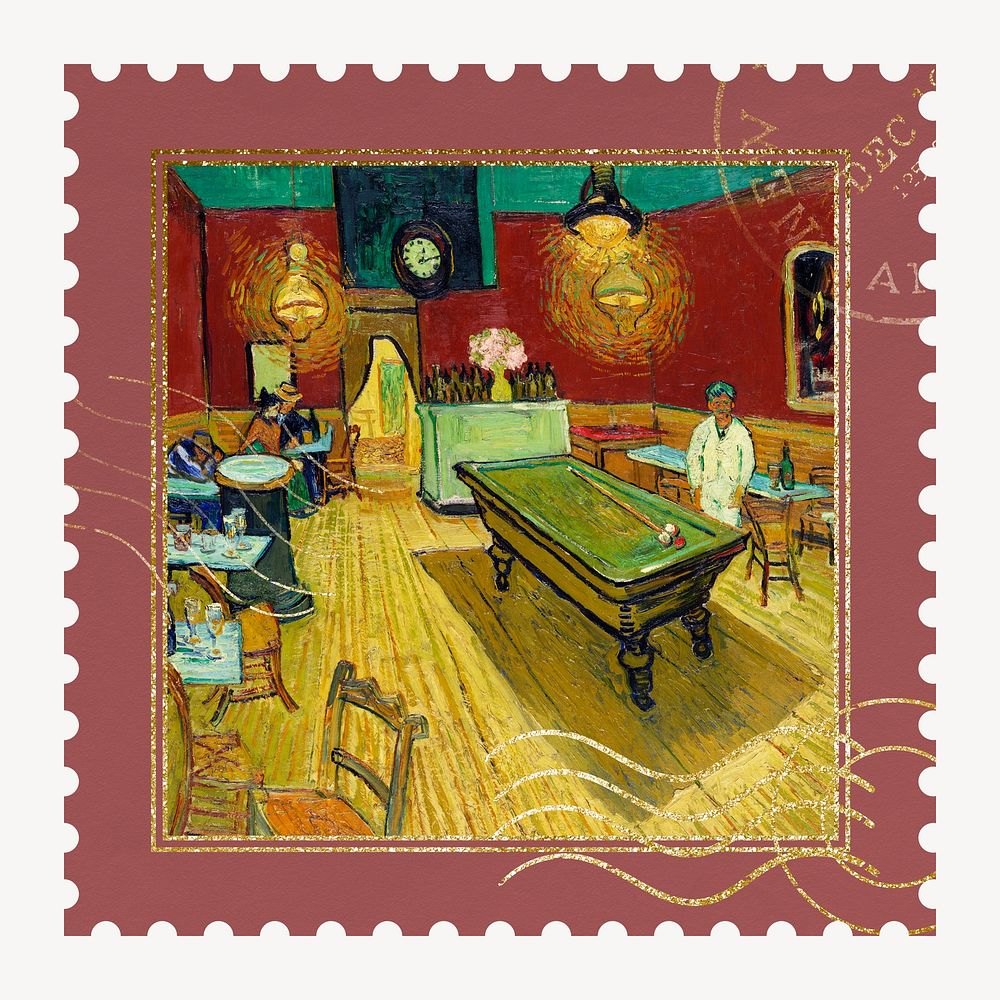 Van Gogh's Le caf&eacute; de nuit (The Night Caf&eacute;) postage stamp, remixed by rawpixel