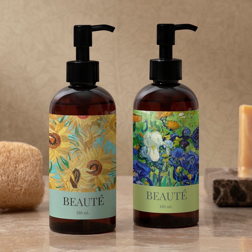 Lotion bottles mockup, Van Gogh&rsquo;s artwork label design psd, remixed by rawpixel