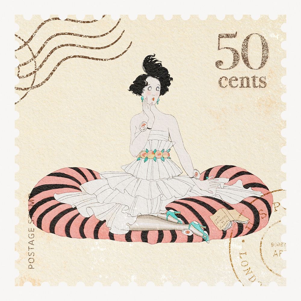 Vintage postage stamp with flapper jazz fashion illustration, remixed by rawpixel