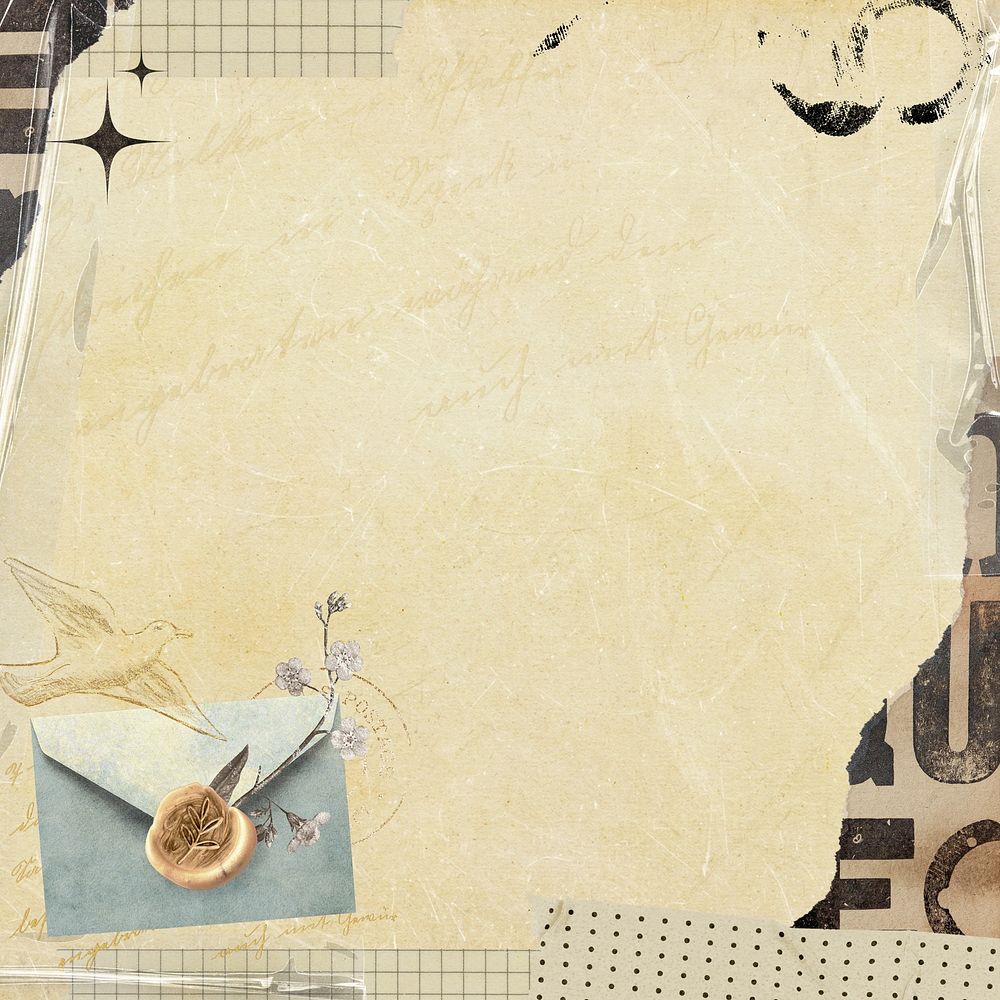 Vintage letter collage background, beige aesthetic border frame