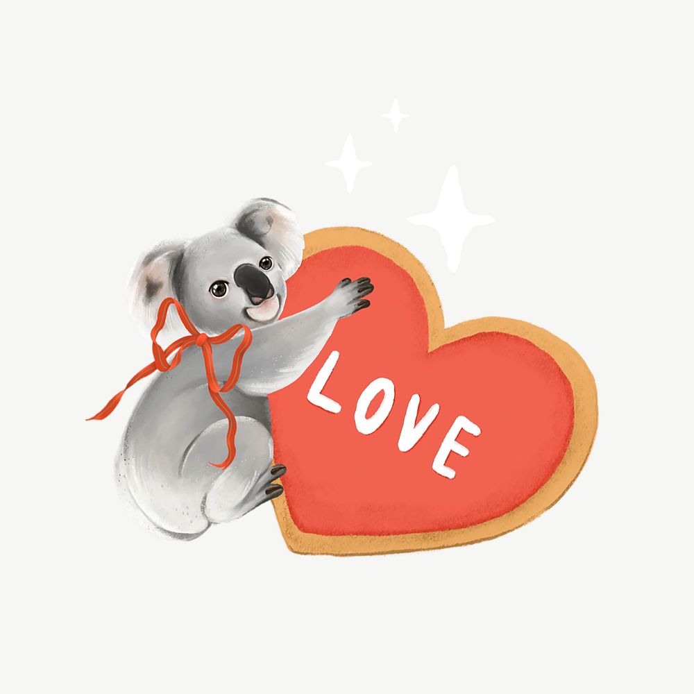 Koala heart, animal illustration, collage element psd