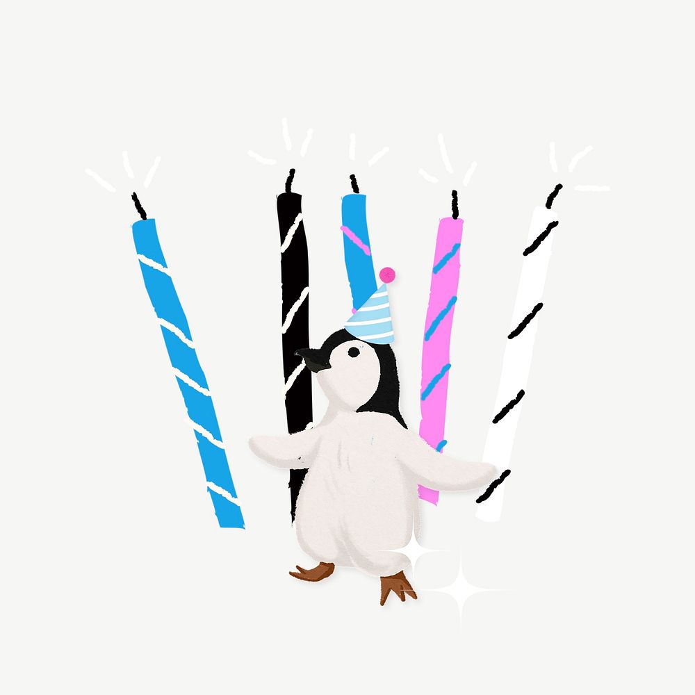 Birthday penguin, animal illustration, collage element psd