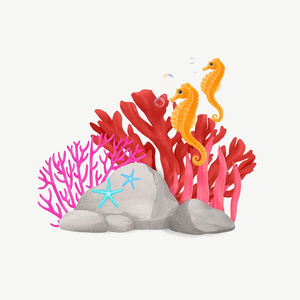 Coral reef, animal illustration, collage element psd