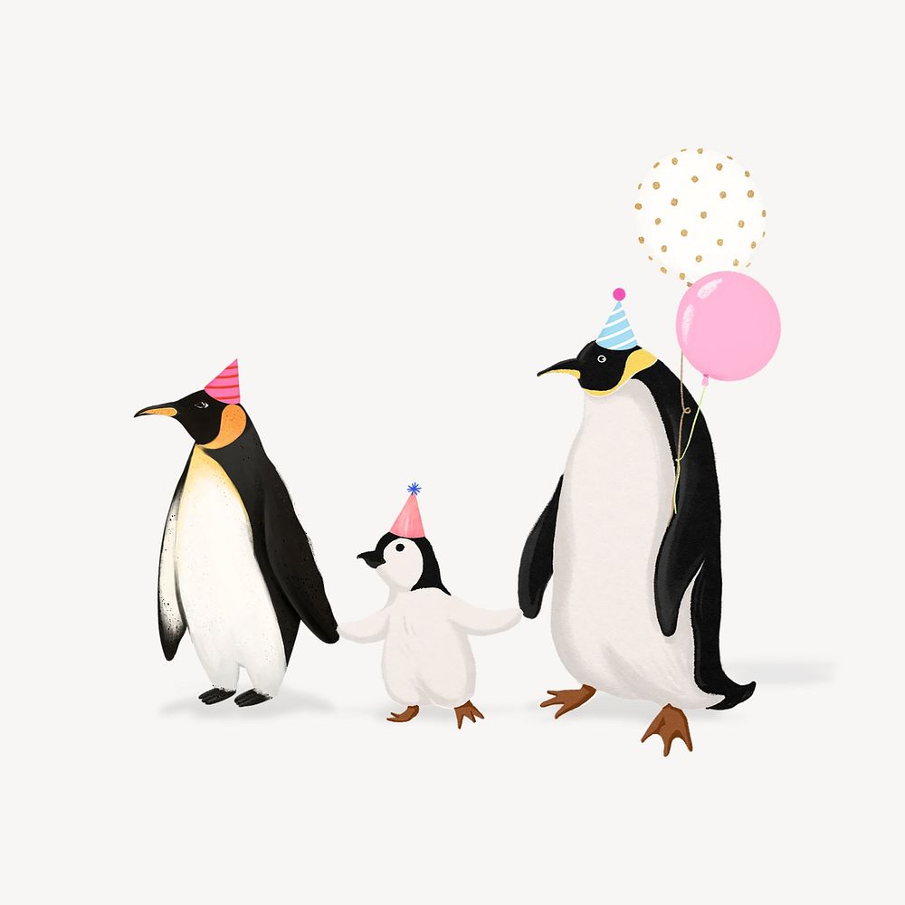 Party penguin family, cute hand drawn illustration
