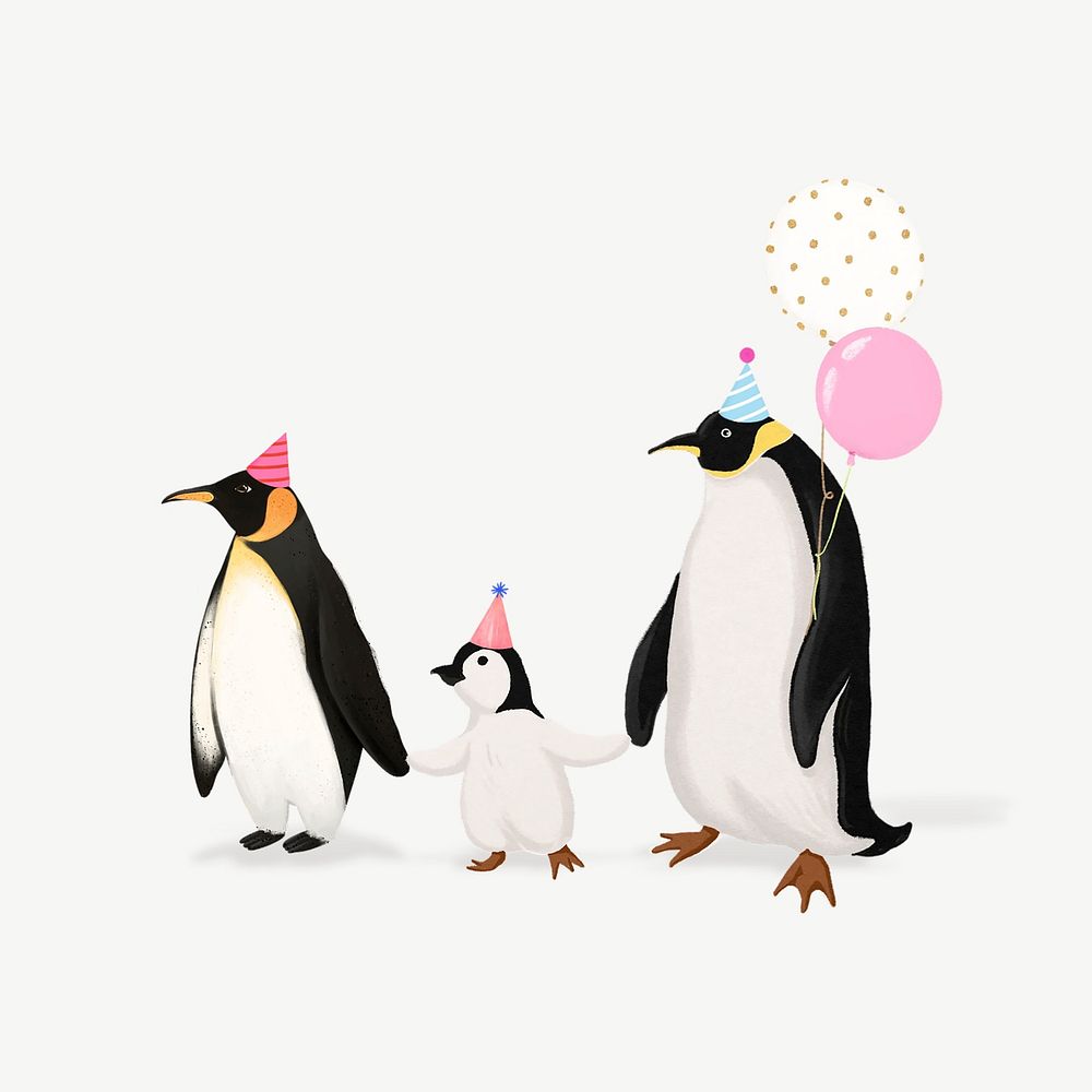 Party penguin family, animal illustration, collage element psd