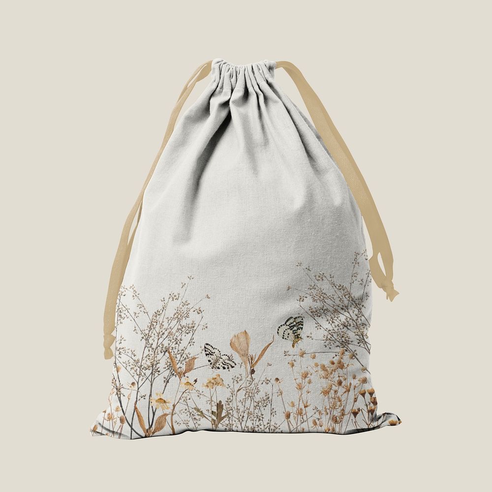 Drawstring bag mockup, aesthetic floral design psd