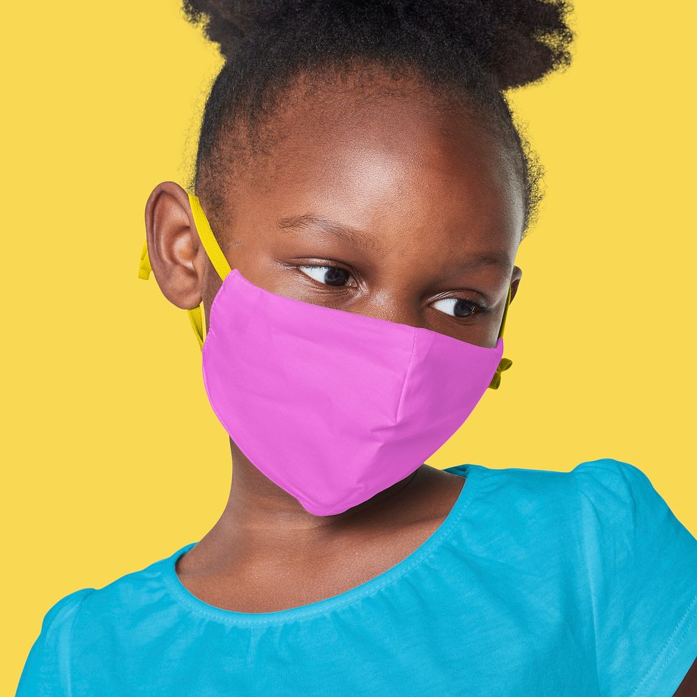 Psd girl wearing pink face mask mockup