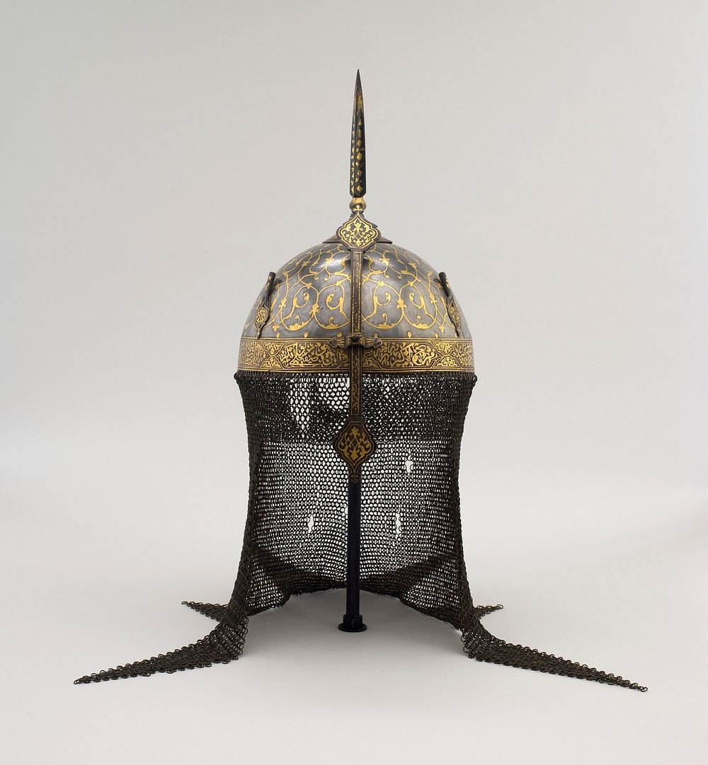 Cap Helmet kulah khud with Design of Interlaced Vines, Arabic Inscriptions, and Mail Neck Curtain