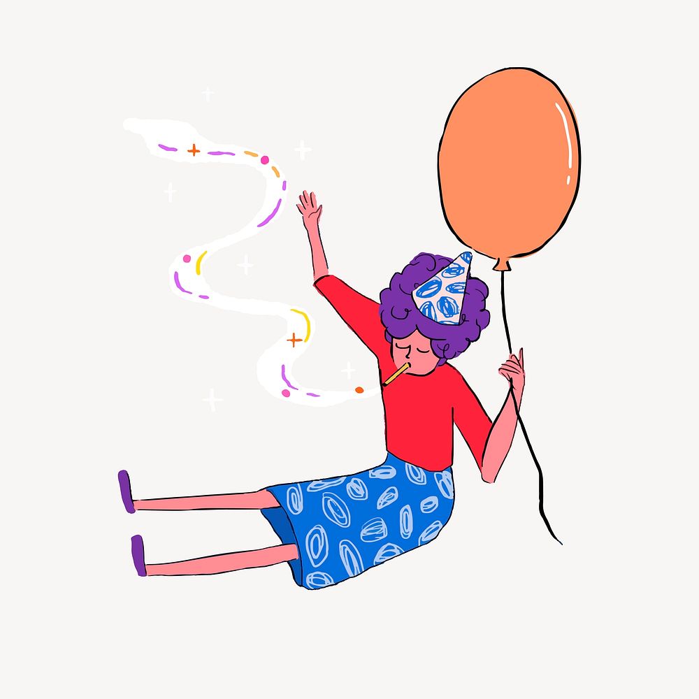 Floating birthday woman, funky illustration vector