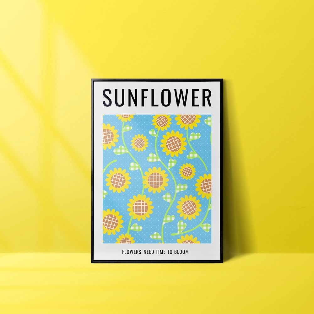 Sunflower picture frame mockup, yellow design psd