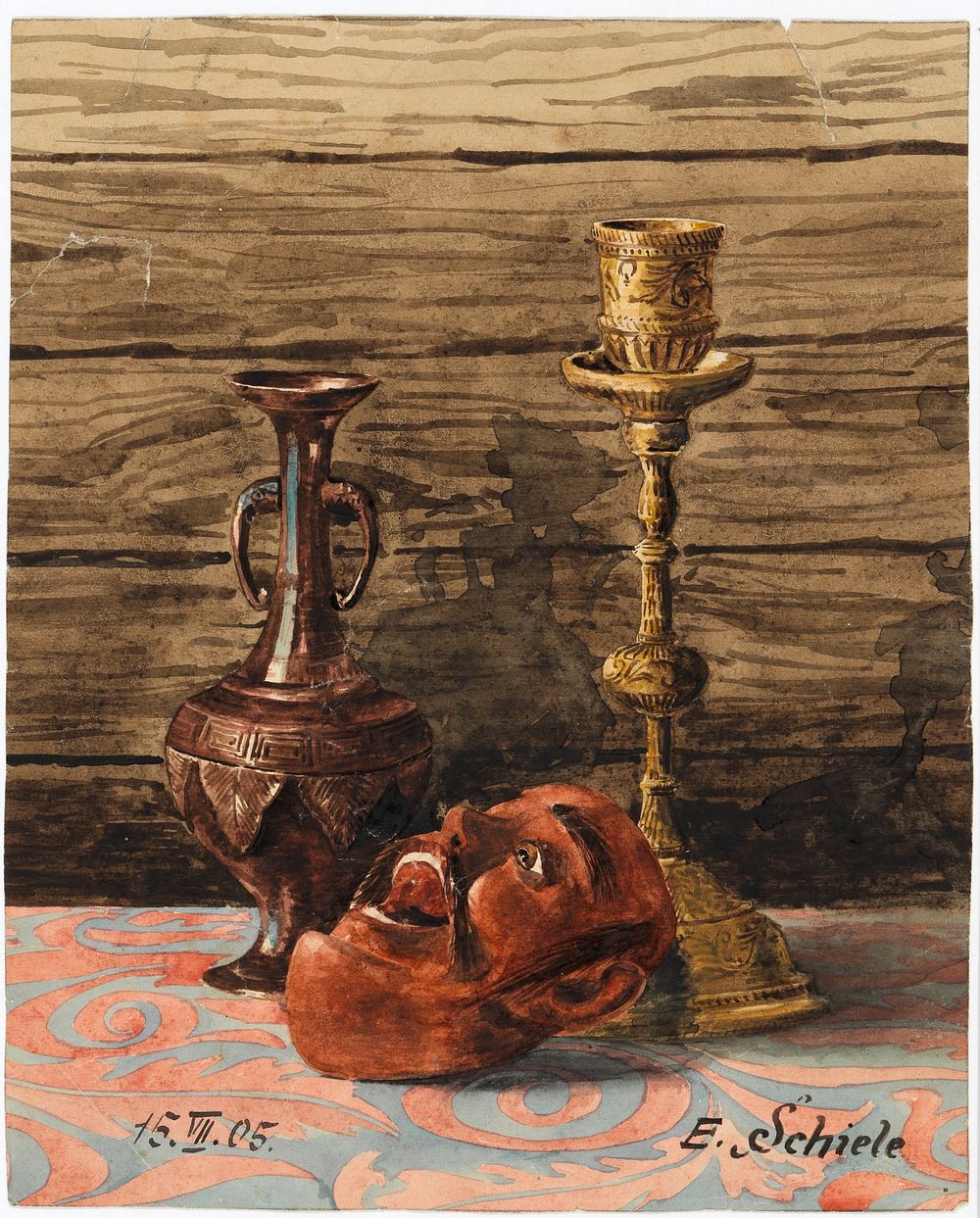 Still Life with Candlestick, Vase and Mask by Egon Schiele