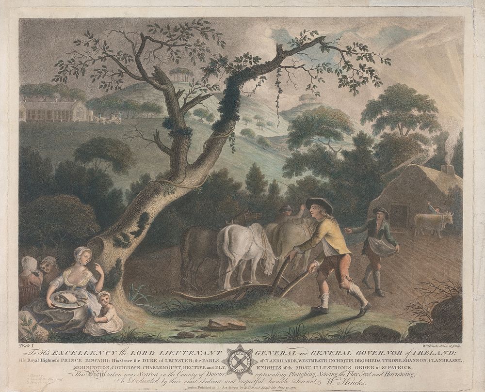 Plate I: View taken near Scarva in the County of Downe, representing Ploughing, Sowing the Flax Seed and Harrowing