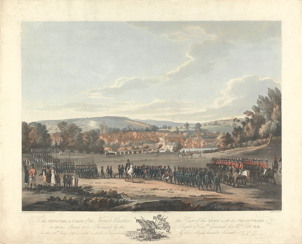 To the officers and Corps of the Newport Volunteers this View of the Town with Volunteers on their March to be Reviewed by…