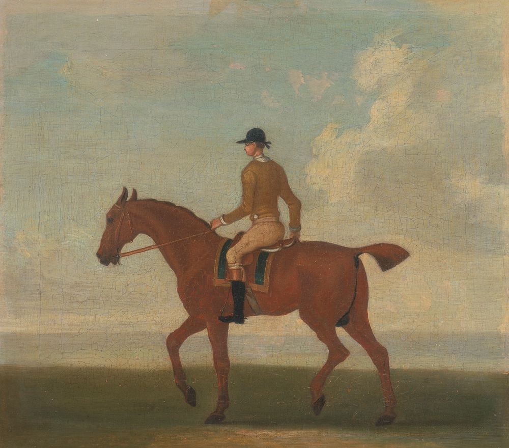 One of Four Portraits of Horses - a Chestnut Racehorse with Jockey Up: walking to the left; jockey in buff-yellow jacket