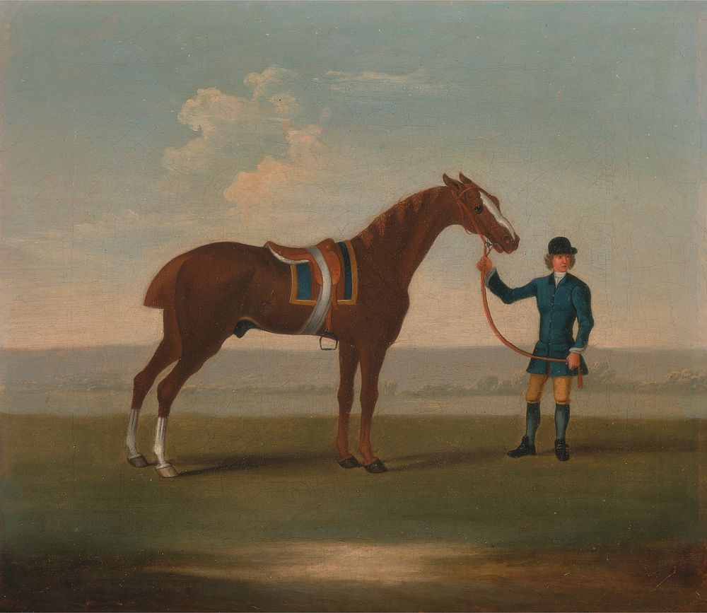 One of Four Portraits of Horses - a Chestnut Horse (? Old Partner) held by a Groom: standing facing right, wearing blue…