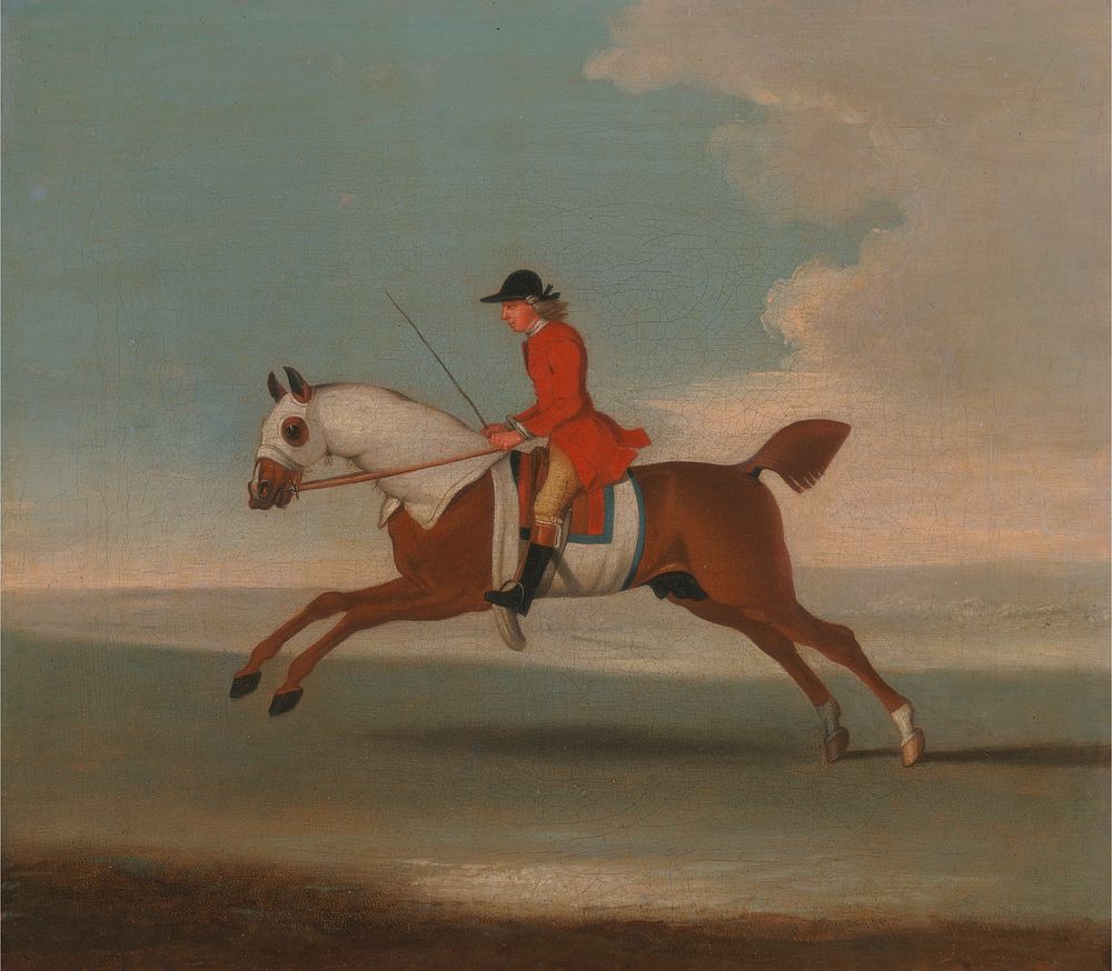 One of Four Portraits of Horses - a Chestnut Racehorse Exercised by a Trainer in a Red Coat: galloping to the left, the…