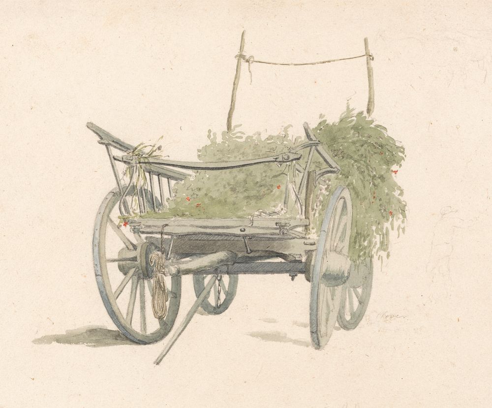 A Wagon With Hops and Two Sketches of Horses