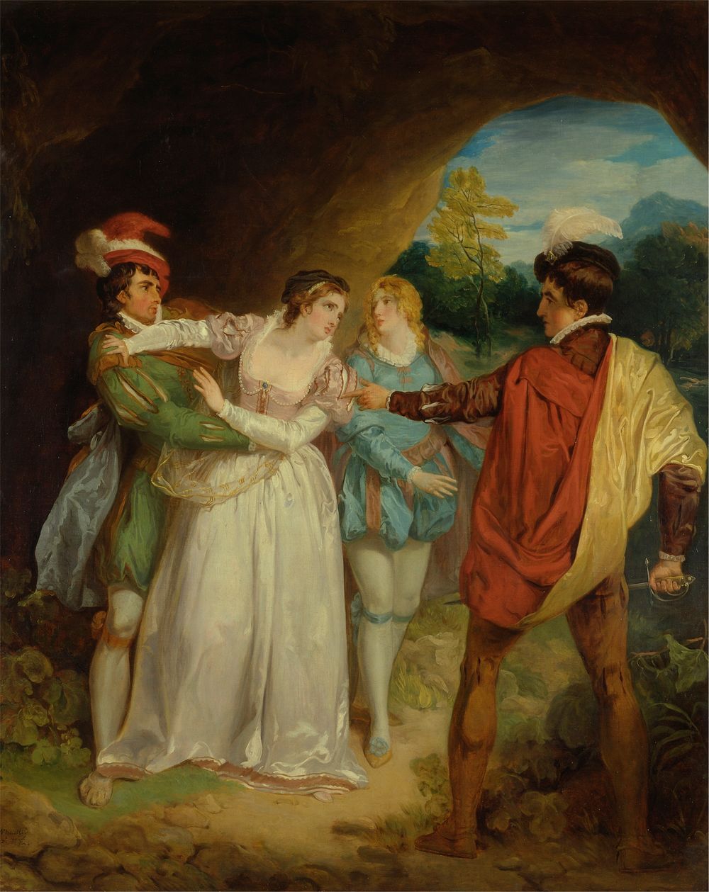 Valentine rescuing Silvia from Proteus, from Shakespeare's "The Two Gentlemen of Verona," Act V, Scene 4, the Outlaws' Cave