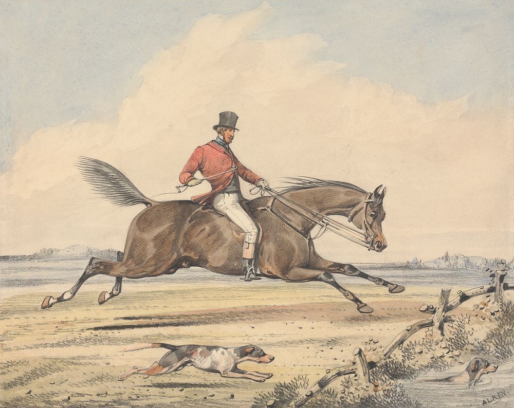Foxhunting: Rider Approaching a Fence by a Pond, Hound Swimming Through