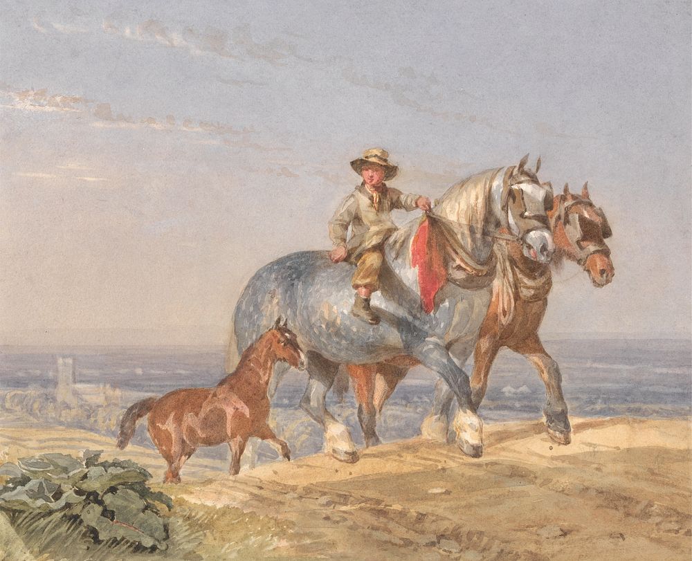 A Ploughboy Riding One of a Pair of Draught-horses Up a Hill