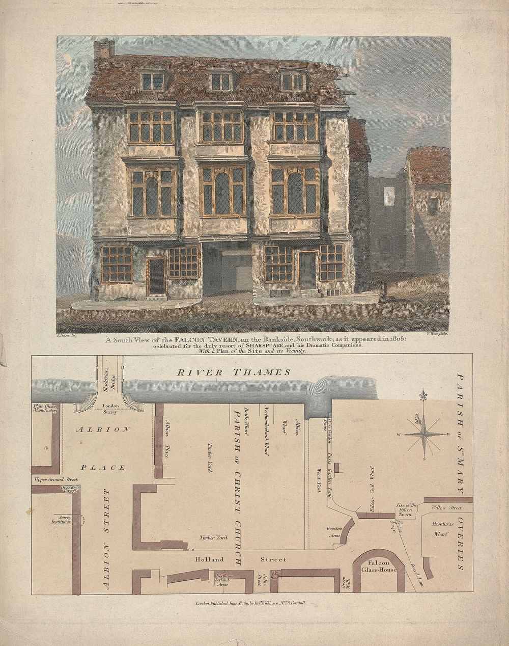 A South View of the Falcon Tavern, on the Bankside, Southwark; as it appeared in 1805: celebrated for the daily resort of…