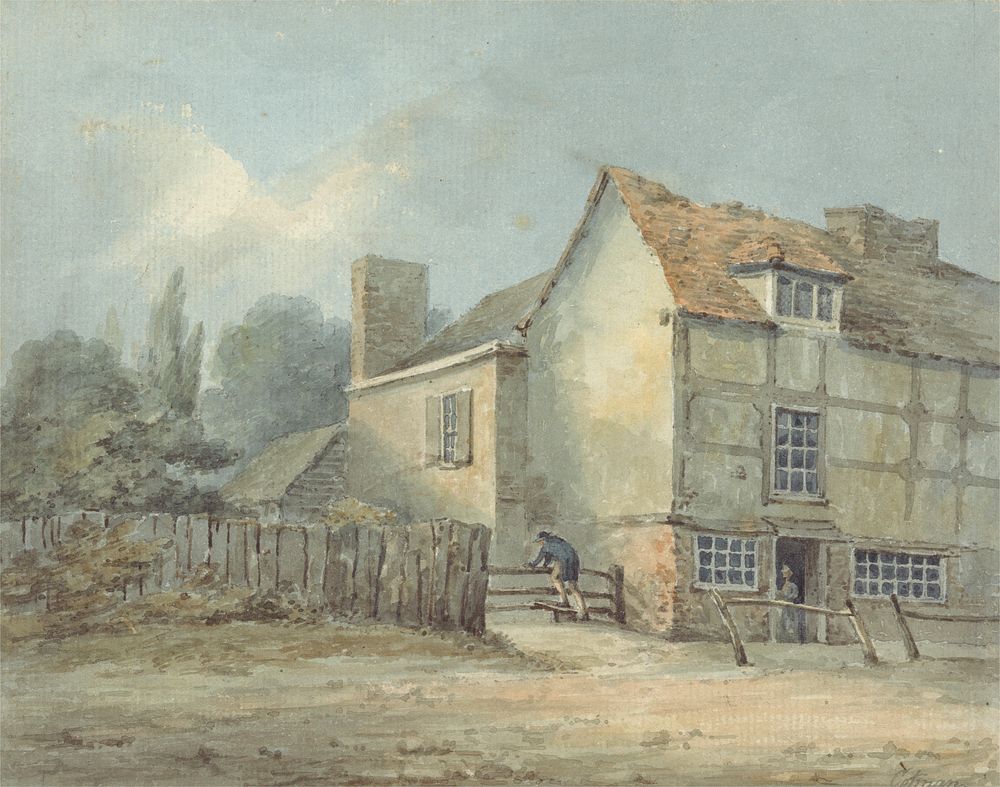 An Old House and a Man Climbing a Stile