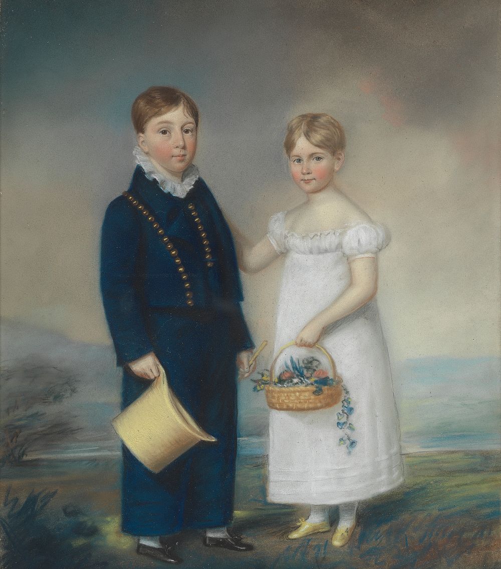 Boy Holding a Hat and Girl Holding a Basket of Flowers, Standing in a Landscape