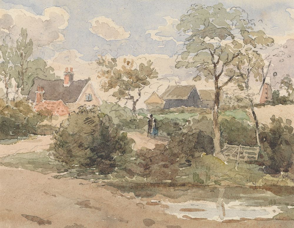 Country Landscape with Cottage, Windmill, Barns and Figures with Pond in Foreground