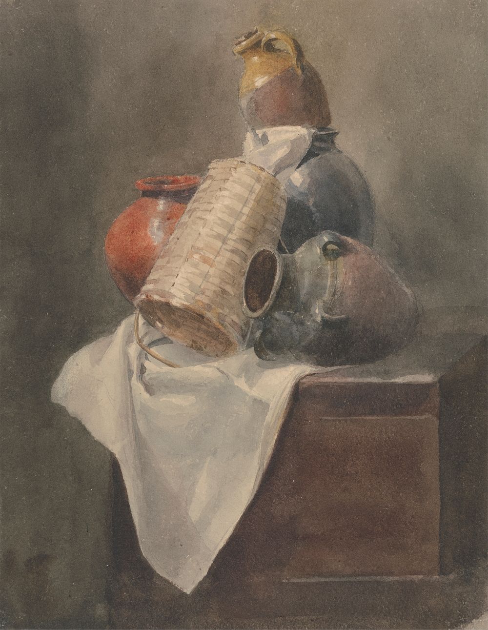 Still Life: Pots, Basket and Cloth on a Chest