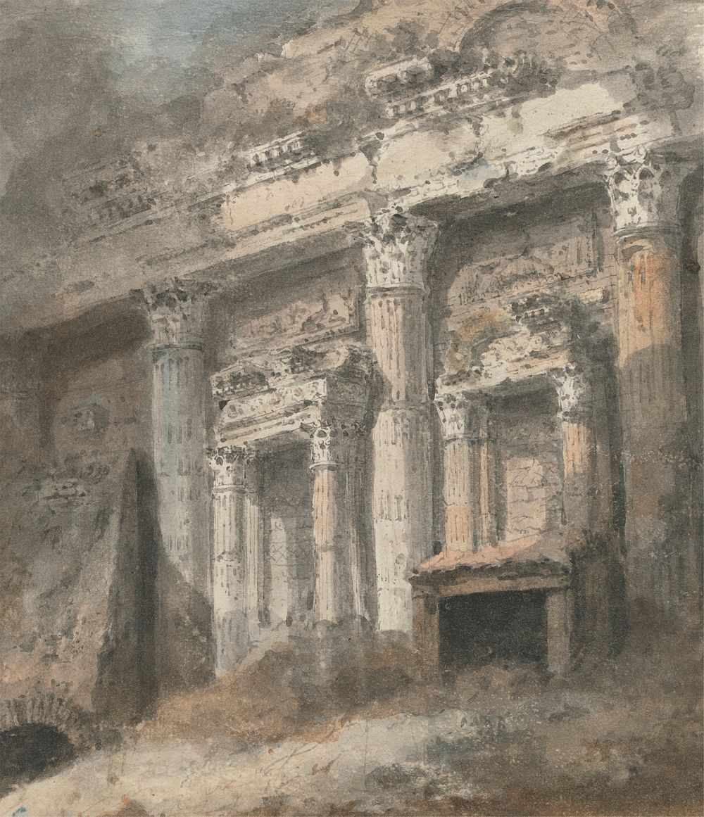 Facade of Ruined (?) Roman Temple, with Columns and Doorway