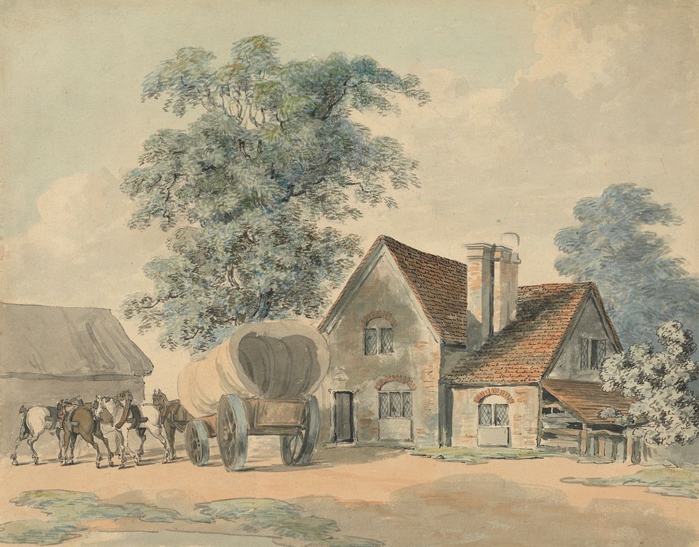 Horses and Wagon Outside a Cottage