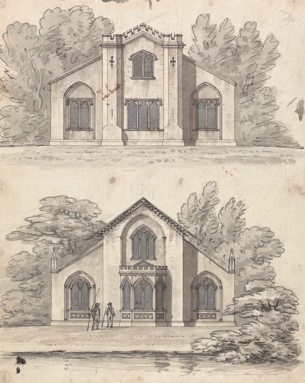Preparatory drawings for Designs 3 and 4, Plate 2 of A Collection of Designs for Rural Retreats by James Malton