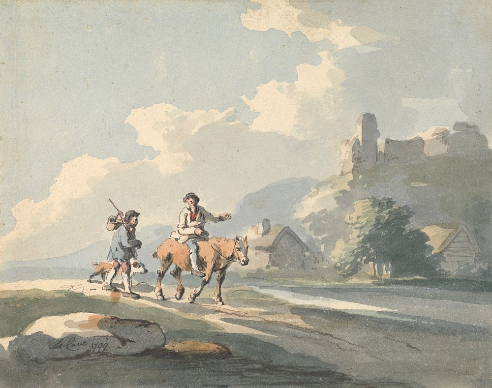 Composition: two travellers and a dog on a road passing cottages, with ruins on a hill by Peter La Cave