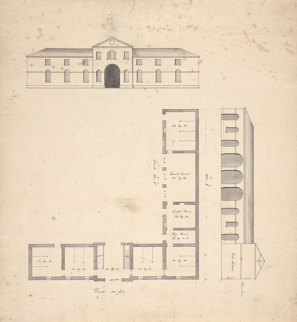 Design for stables, plan with 2 elevations