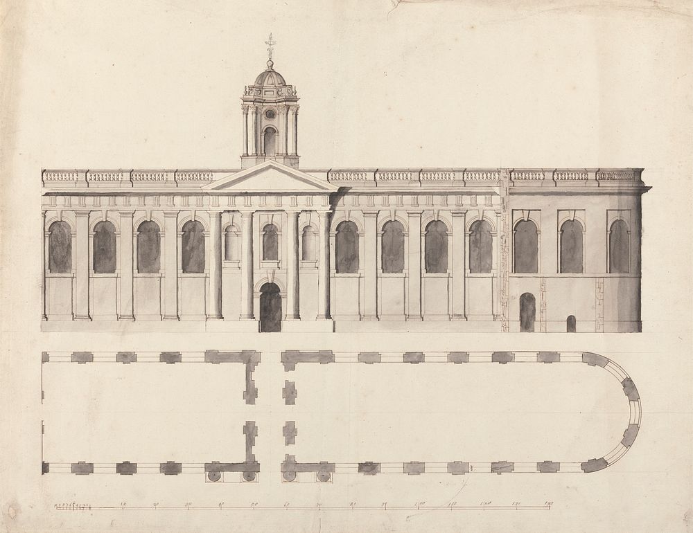 Queen's College, Oxford: Plan and Elevation of Hall and Chapel by William Townesend